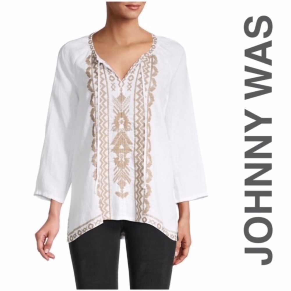 NWT JOHNNY WAS TRACY LINEN PEASANT EMBROIDERED BLOUSE TOP